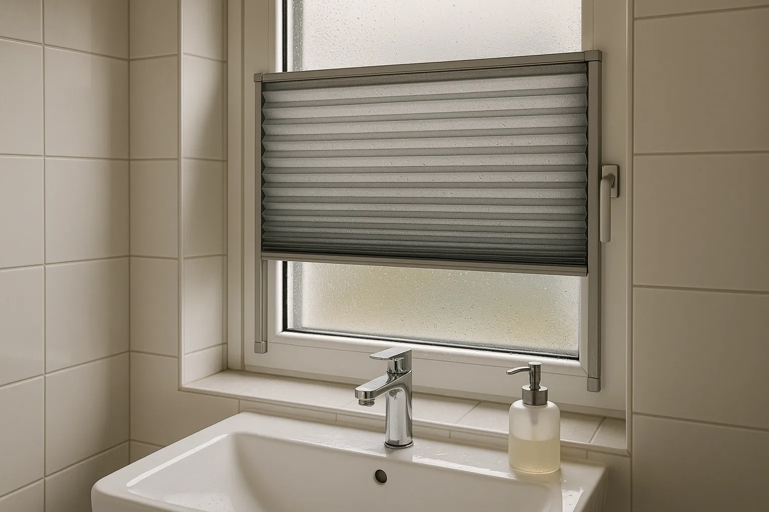Feuchtraumgeeignetes Plissee für Bad und Küche – schimmelresistent und pflegeleicht Feuchtraumgeeignetes Plissee am Badezimmerfenster mit hydrophober Oberfläche, abperlenden Wassertropfen, formstabilen Falten und korrosionsresistenten Führungsschienen für schimmelresistente, pflegeleichte Beschattung