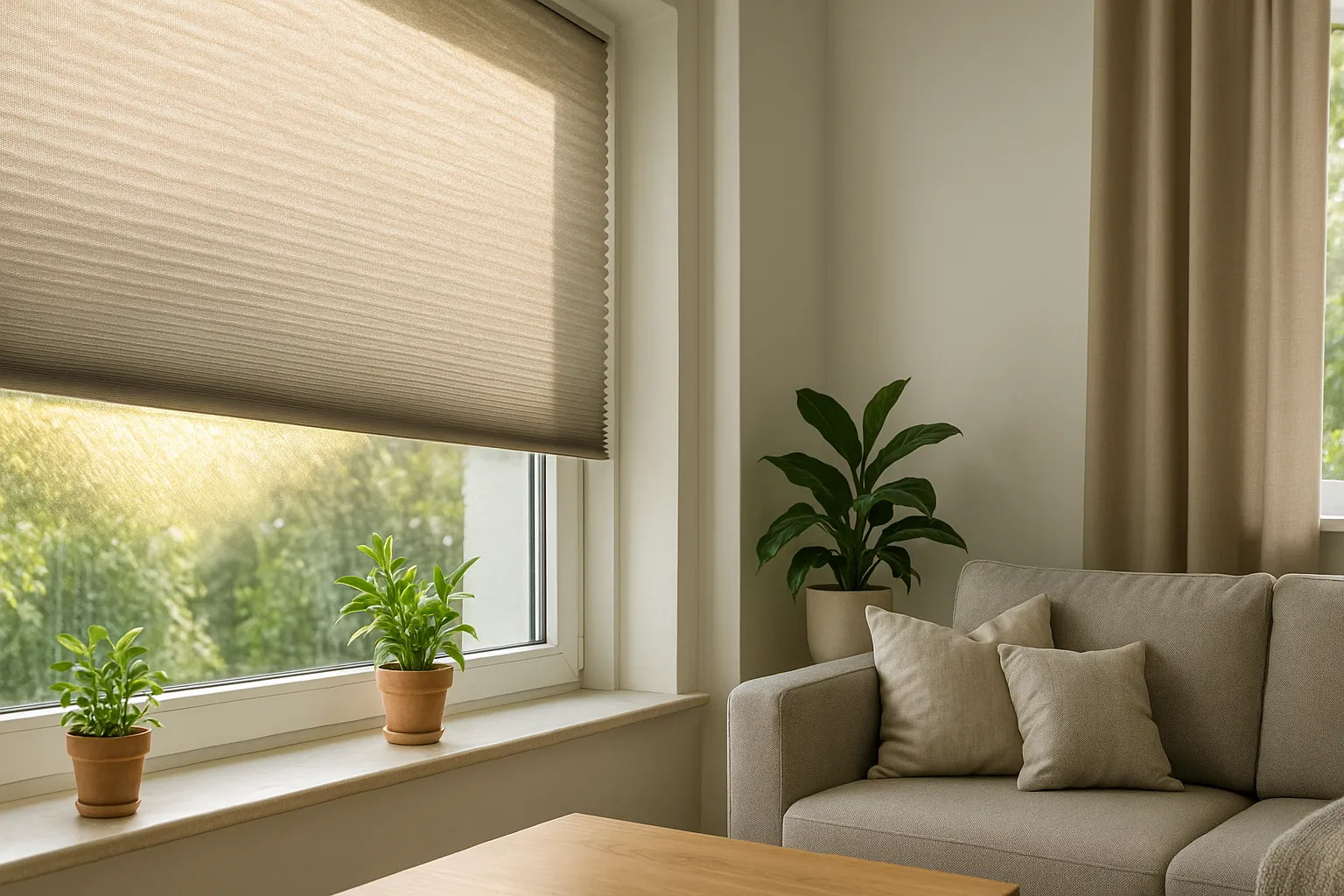 Wärmereduktion durch reflektierendes Wabenplissee am Fenster für besseres Raumklima Hitzeschutz am Fenster mit Wabenplissee, reflektierende Außenseite, Wärmereduktion, diffuses Tageslicht, verbessertes Raumklima im modernen Wohnzimmer