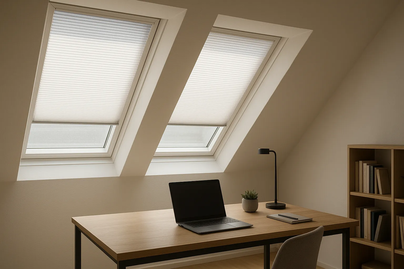 Reflektierendes Wabenplissee für Hitzeschutz und Raumklima am Süddachfenster im Homeoffice Hitzeschutz durch reflektierendes Wabenplissee am Dachfenster, Südfassade, Homeoffice, blendfreies Tageslicht, verbessertes Raumklima