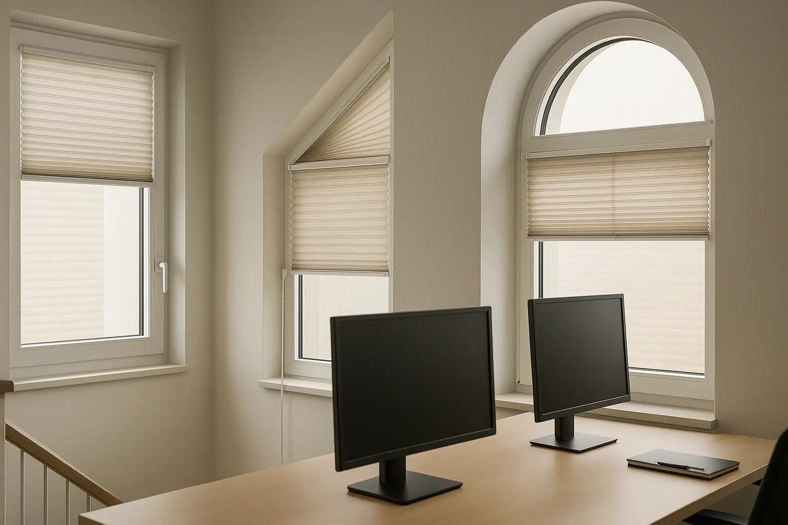 Individuelle Fenstermaße und Sonderformen mit flexiblen Bedienkonzepten für optimale Lichtsteuerung am Arbeitsplatz Maßgefertigte Fensterlösungen mit Top-Down/Bottom-Up, Bediengriff, kindersicherer Schnur-Endloskette und motorischer Bedienung für präzise Lichtlenkung und Sichtschutz im modernen Büro