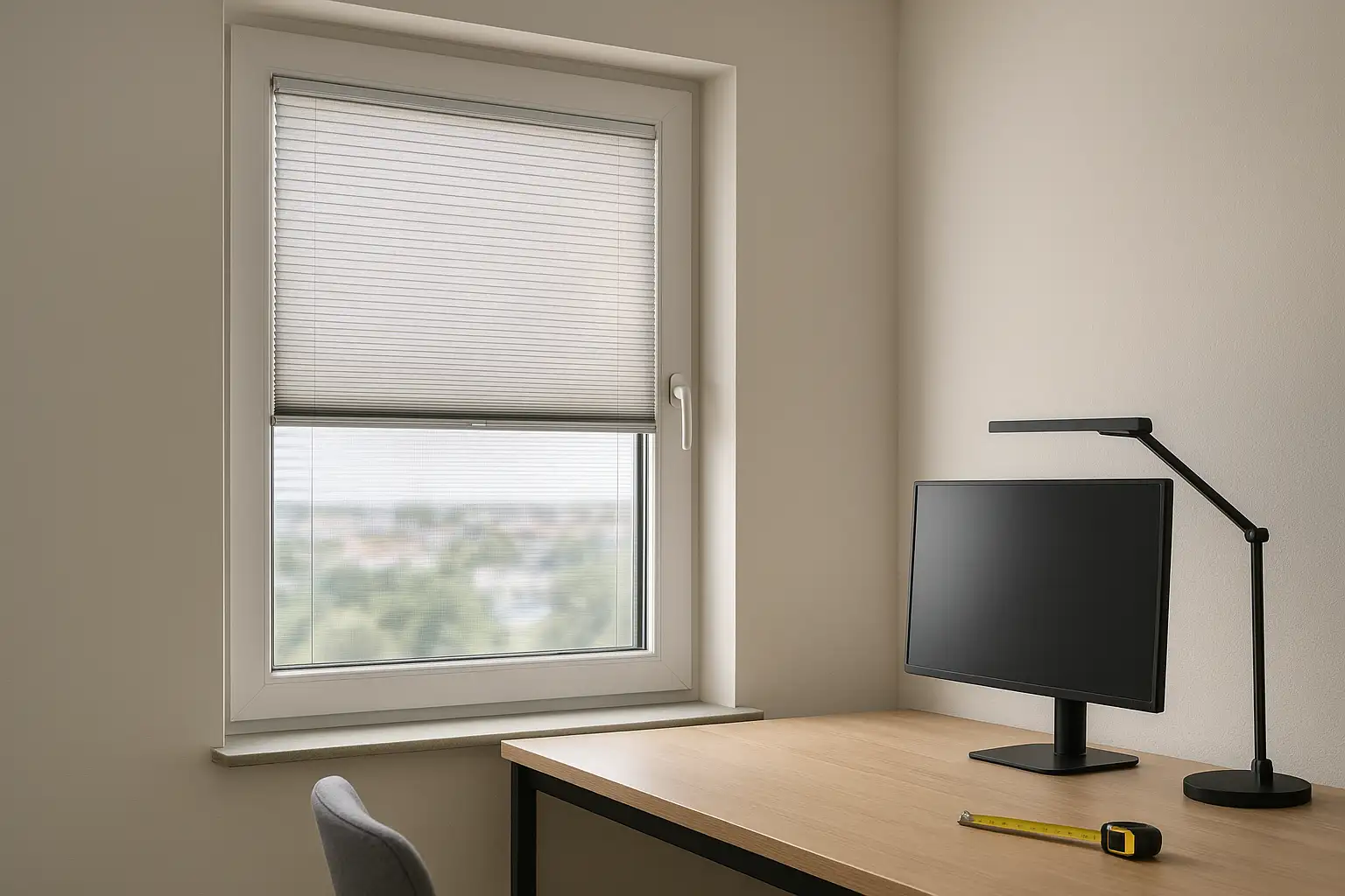 Maßgefertigtes Plissee für Dreh-Kipp-Fenster im Homeoffice – blendfreies Arbeiten, Screen-Gewebe, Top-Down Bottom-Up Homeoffice mit Dreh-Kipp-Fenster und maßgefertigtem Plissee in der Glasleiste, Top-Down Bottom-Up, Screen-Gewebe reflektierend, blendfreier Bildschirmarbeitsplatz, minimale seitliche Spalte, Sichtschutz am Abend
