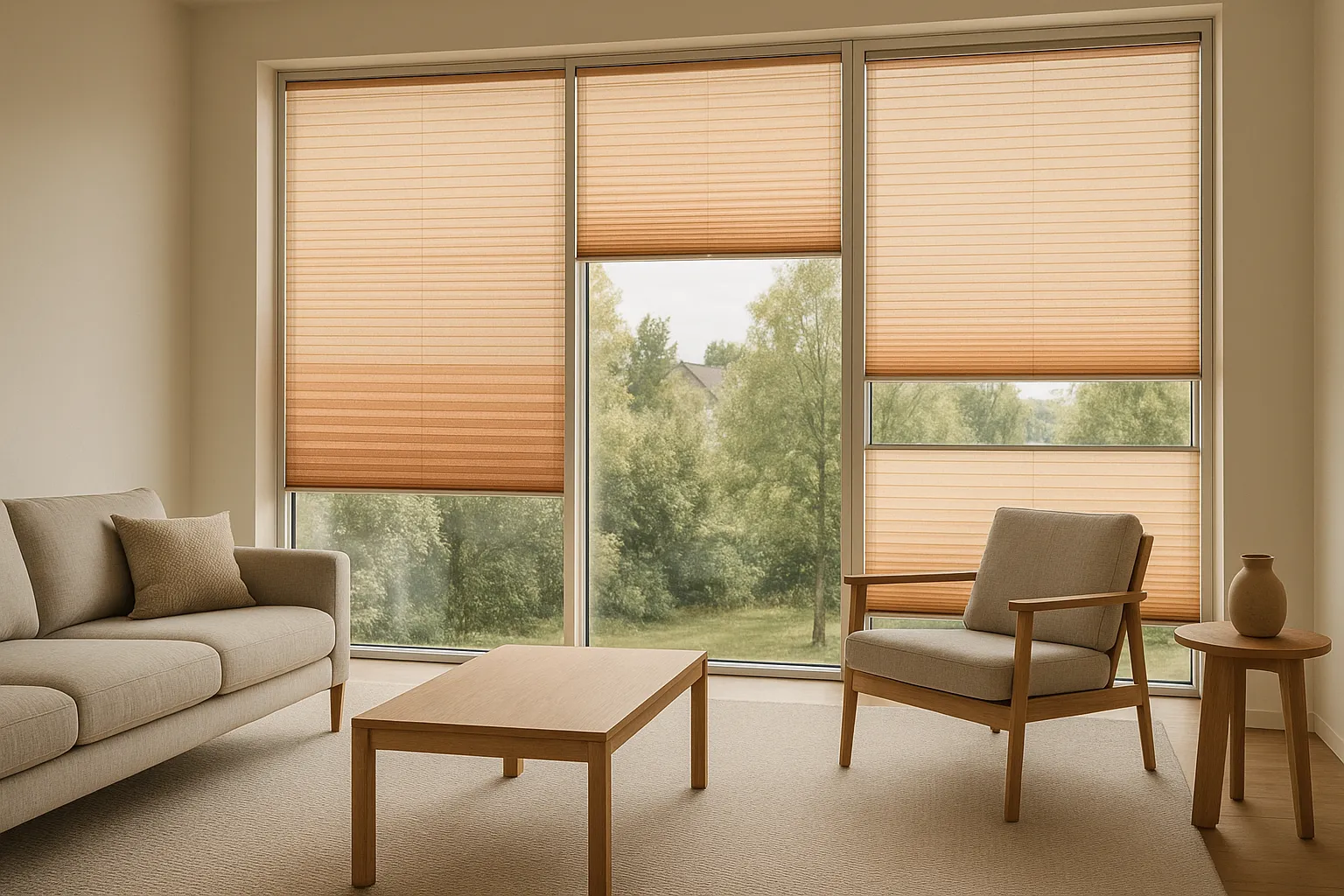 Plissee Lichtsteuerung und Farbharmonie im Wohnzimmer – Transparenzen, Muster und Materialabstimmung Plissee Design im südseitigen Wohnzimmer, Lichtsteuerung mit mittlerer Transparenz, warme Farbharmonie, natürliche Materialien, minimalistische Innenarchitektur, Blendungsreduktion, optische Tiefe