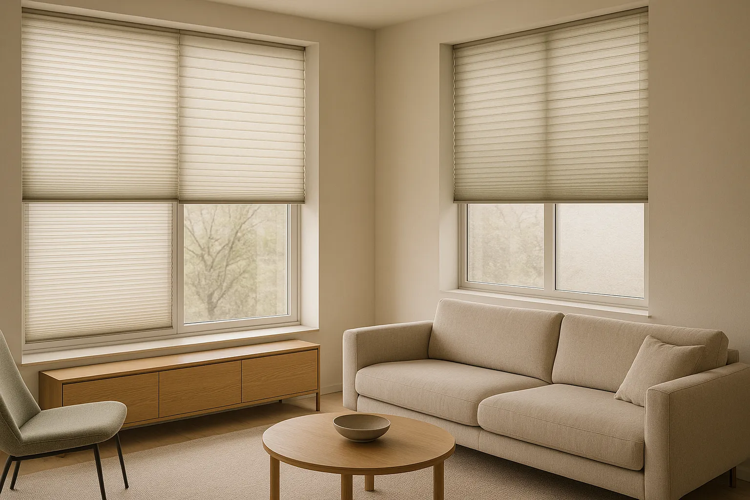 Plissee Design Farben Transparenzen Muster Farbharmonie Wohnraum Halbtransparente Plissees mit matter Textur in Sand und Greige, Wabenplissee für Blendfreiheit und Wärmeschutz, harmonisch zu Holz und matten Wänden im Wohnzimmer