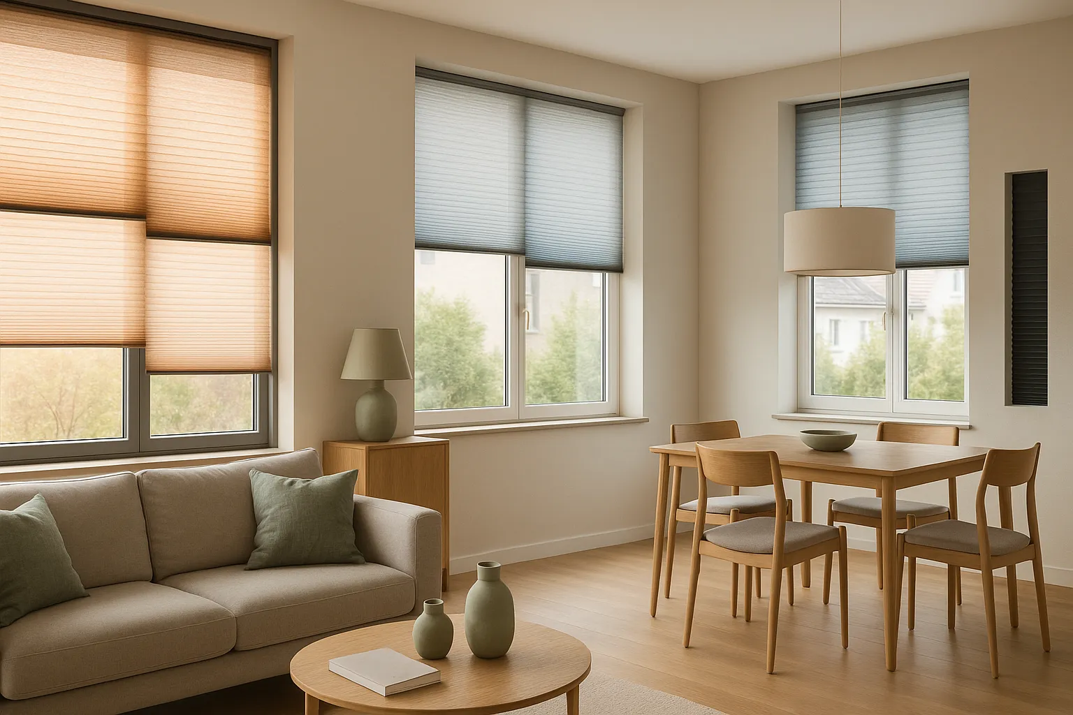 Plissee Farbharmonie und Stoffauswahl – warme und kühle Nuancen, Transparenzen und Kontraste für gezielte Raumwirkung Plissee Farben und Transparenzen im offenen Wohnraum mit warmen Sand- und Terracotta-Nuancen sowie kühlen Salbei- und Gletscherblau-Tönen, kontrastierte Fensterlaibungen, Greige als Grundton, Salbei als Akzent, Licht färbt Wände und betont Faltungen