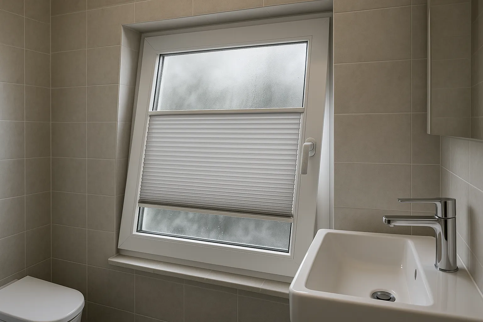 Feuchtraumgeeignetes Plissee mit Spannseilen und fensterverträglicher Montage – schimmelresistent, pflegeleicht für Bad und Küche Feuchtraumgeeignetes Plissee am gekippten Badfenster, schimmelresistent und pflegeleicht, seitliche Spannseile, fensterverträgliche Klebe- oder Klemmmontage, rutschfester Bediengriff, korrosionsarme Schienen; ideal für Bad und Küche