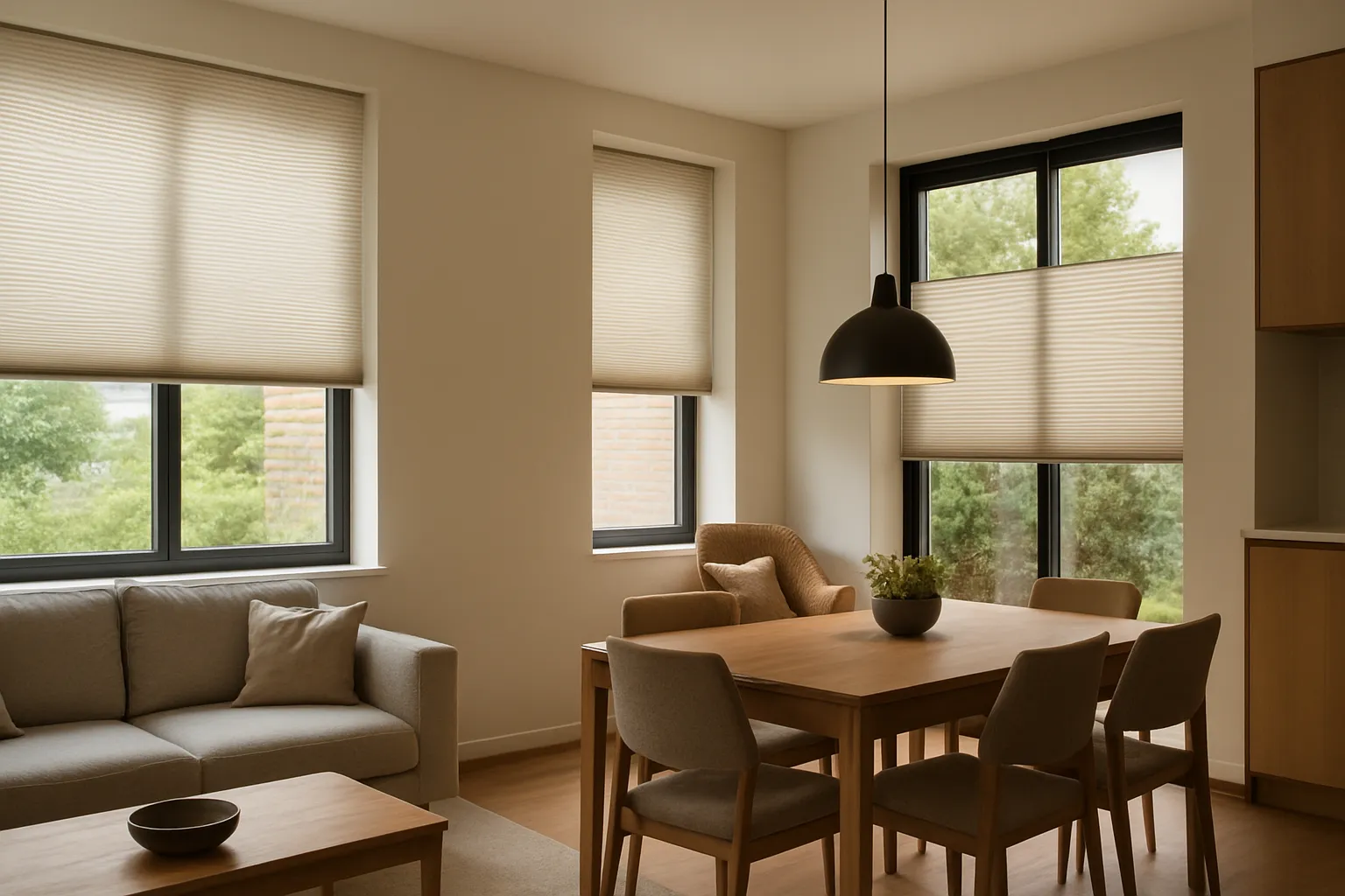 Plissee Sichtschutz und flexible Lichtsteuerung im Wohn-Ess-Bereich – Zonenlicht, Blendungsreduktion, weiche Tageslichtverläufe Sicht- und Lichtschutz mit Plissee im Wohn-Ess-Bereich, Tageslicht zoniert lenken, Blendung reduzieren, Privatsphäre wahren, weiche Lichtverläufe im Innenraum