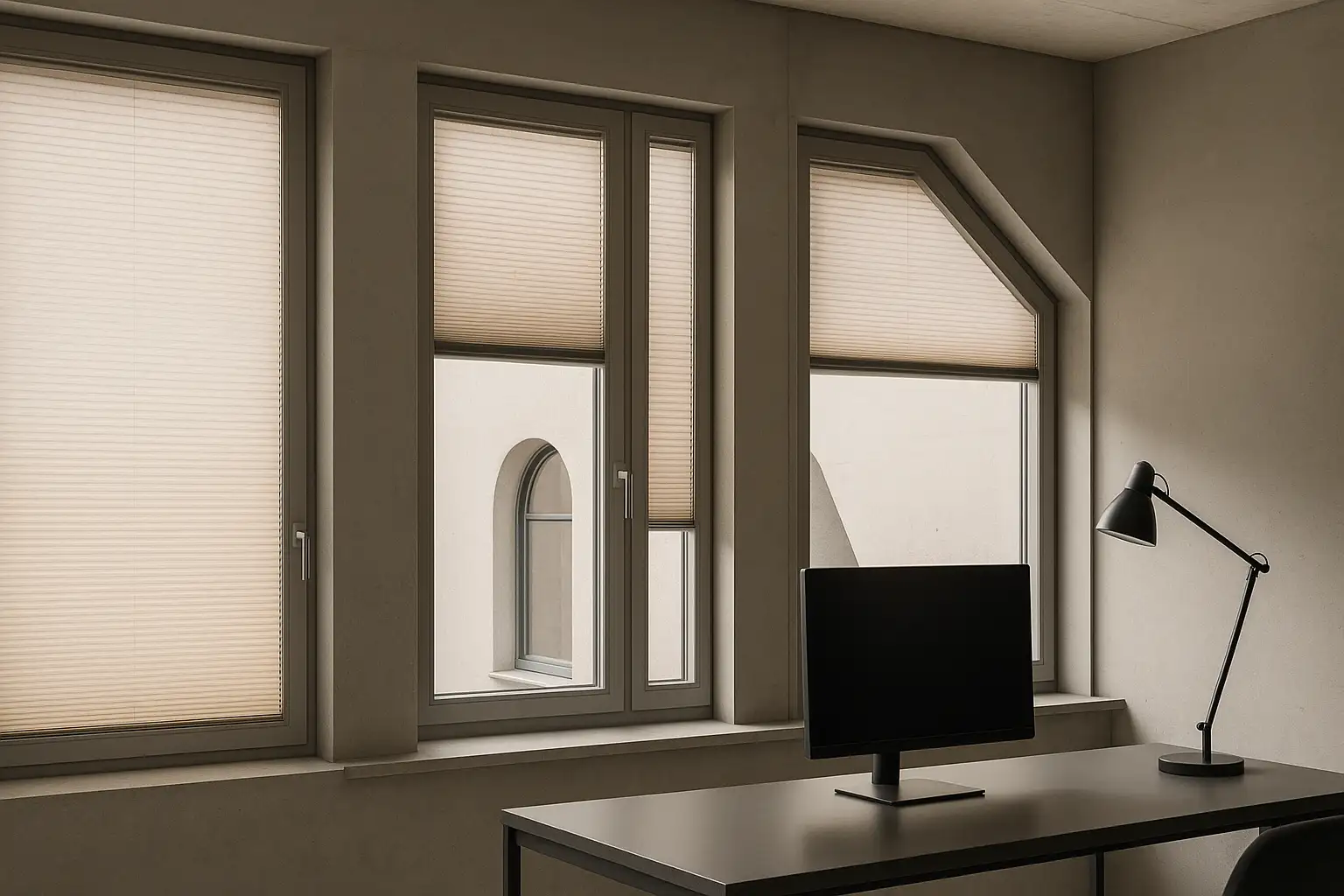 Plissee nach Maß – perfekte Passform und Sonderformen für moderne Fensterlösungen Maßgefertigte Plissees an modernen Fenstern mit unterschiedlichen Breiten, Höhen und trapezförmiger Sonderform; schlanke matte Profile, abgestimmte Rahmen- und Stofffarben, zonierte Lichtstimmungen mit transluzent und dimout; ruhiges tech-orientiertes Interieur mit Arbeitsplatz, blendarmem Monitor und verstellbarer Leuchte