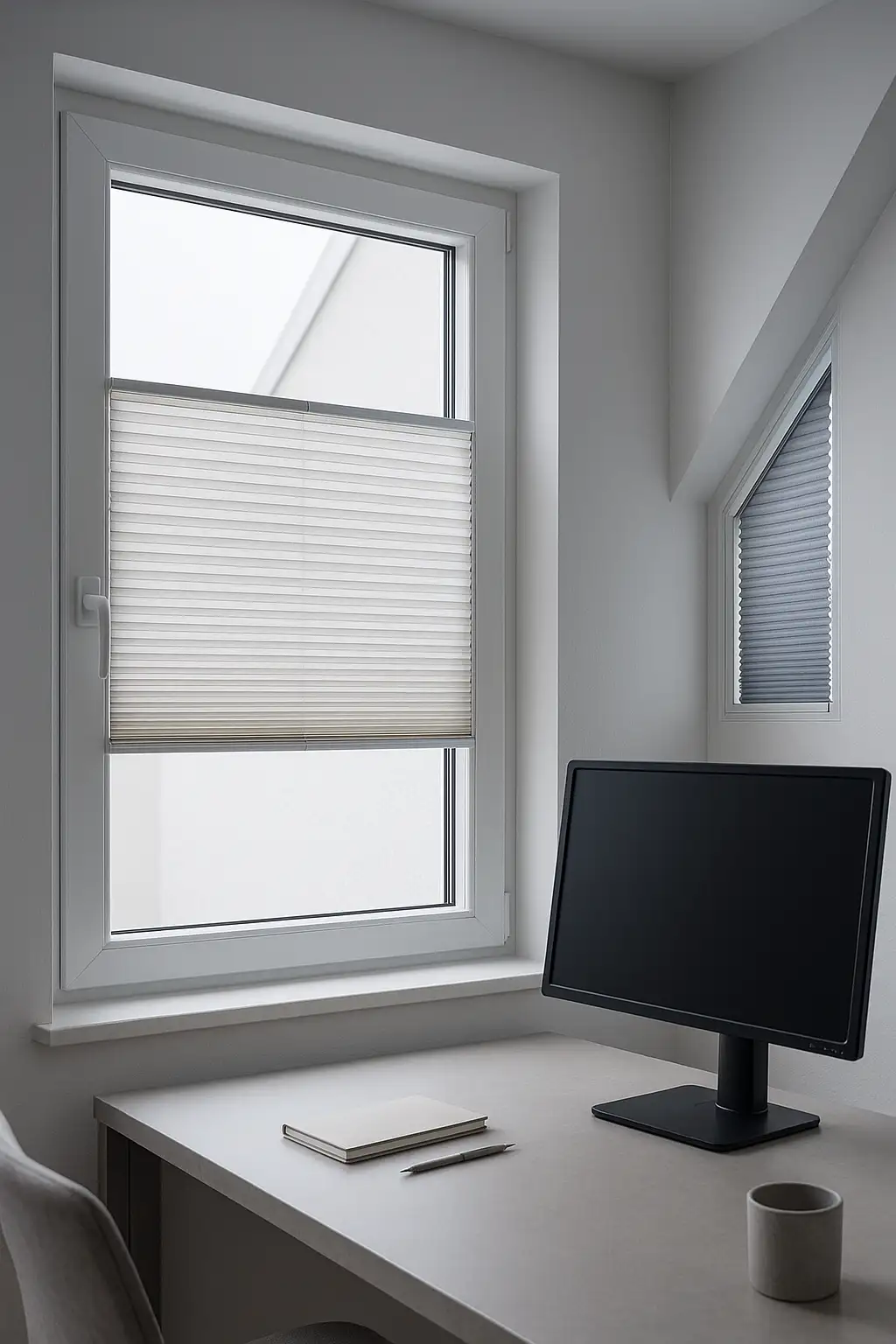 Maßanfertigung Plissee – perfekte Passform ohne Lichtspalte mit individuellen Breiten, Höhen und Sonderformen Maßgefertigtes Plissee passgenau am Fenster, individuelle Breiten und Höhen, keine Lichtspalte, trapezförmige Sonderform, blendfreies Homeoffice, parallele Spannschnüre