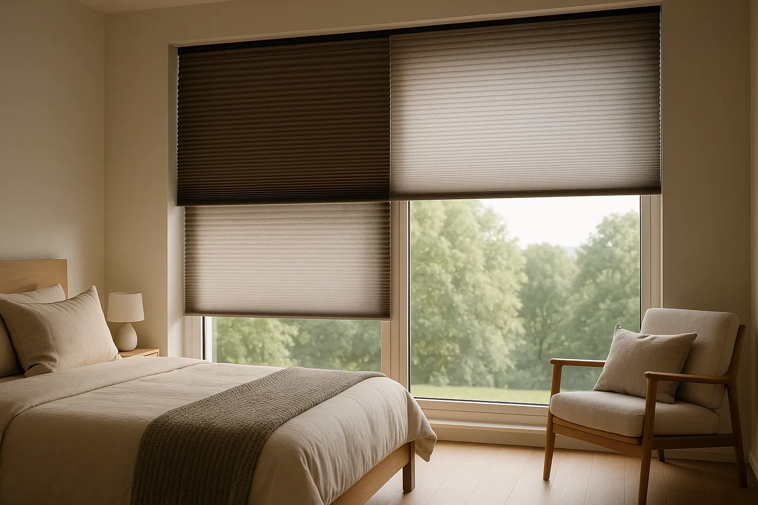 Sicht- und Lichtschutz mit Plissees im Schlafzimmer – Privatsphäre, Blendschutz, Hitzeschutz und flexible Tageslichtsteuerung Schlafzimmer mit Plissees als Sicht- und Lichtschutz, Verdunkelung am Bett, blendfreies Tageslicht, Wabenplissee mit reflektierender Rückseite, Privatsphäre, Hitzeschutz in Südlage und verbessertes Raumklima