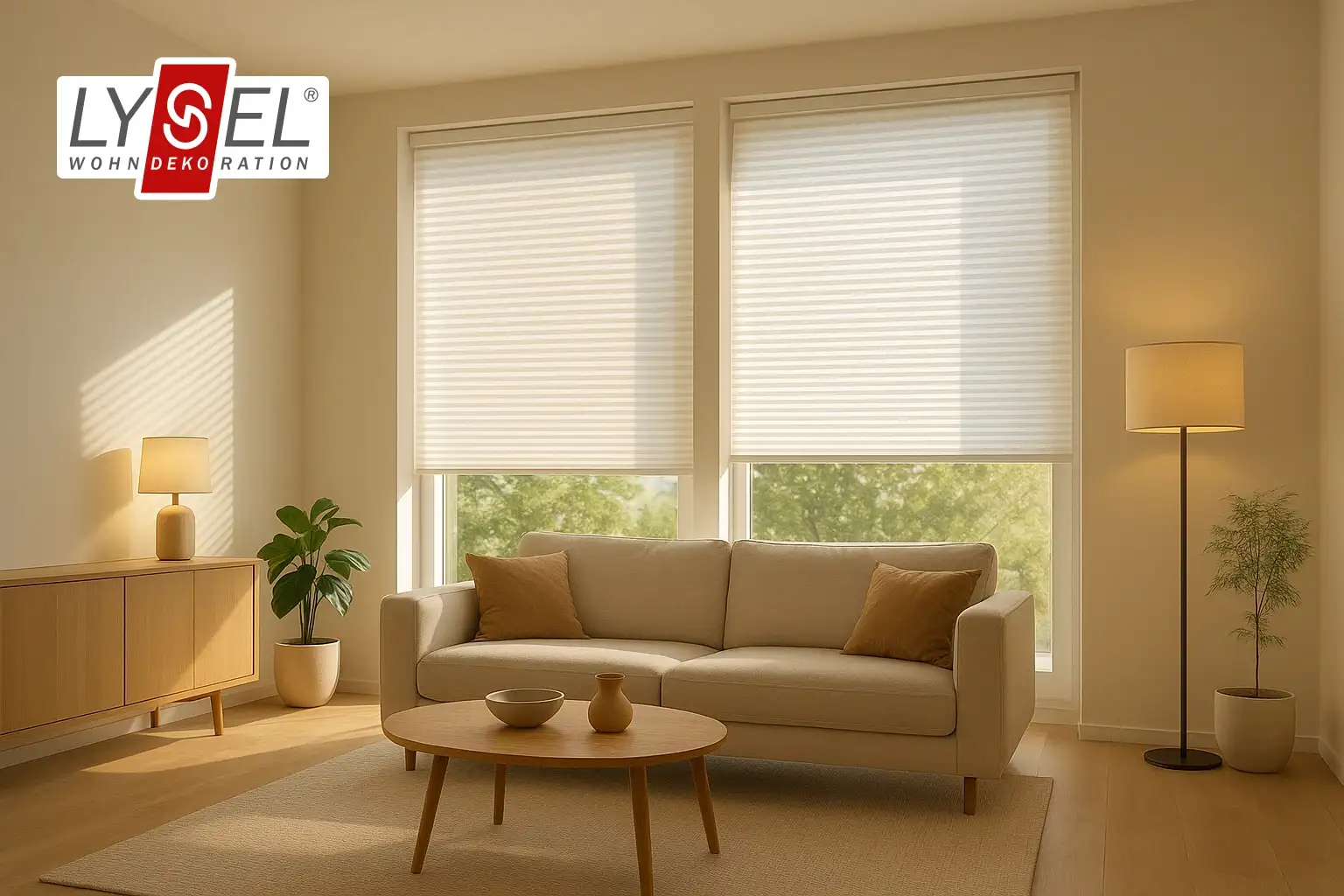 Plissee Sicht- und Lichtschutz für Privatsphäre und blendfreies Tageslicht im Eigenheim Plissee Sichtschutz am Fenster mit blendfreiem Tageslicht im Wohnzimmer, Privatsphäre wahren und flexibles Lichtmanagement für Homeoffice