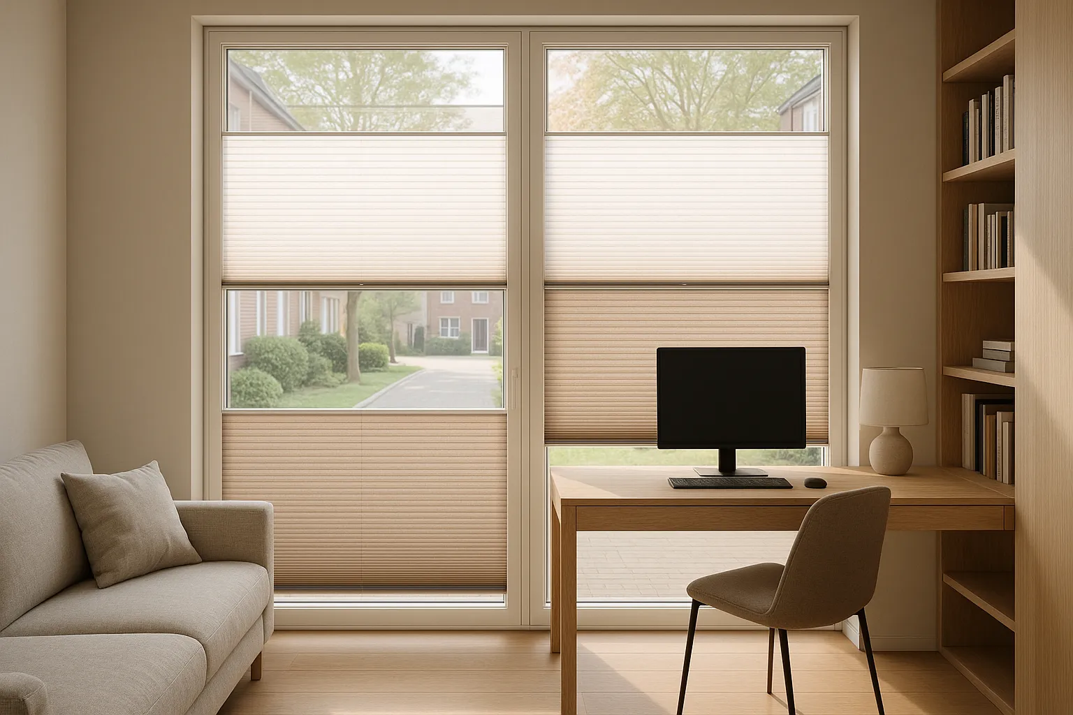 Plissees im Eigenheim – Sichtschutz, Blendschutz und flexible Tageslichtsteuerung im Wohnzimmer mit Homeoffice Wohnzimmer mit Homeoffice und großen Fenstern mit Top-Down-Bottom-Up Plissees in der Glasleiste; halbtransparente und dimout Stoffe sorgen für Privatsphäre, Blendschutz und flexible Tageslichtsteuerung, Wabenplissee für besseren Wärmeschutz.