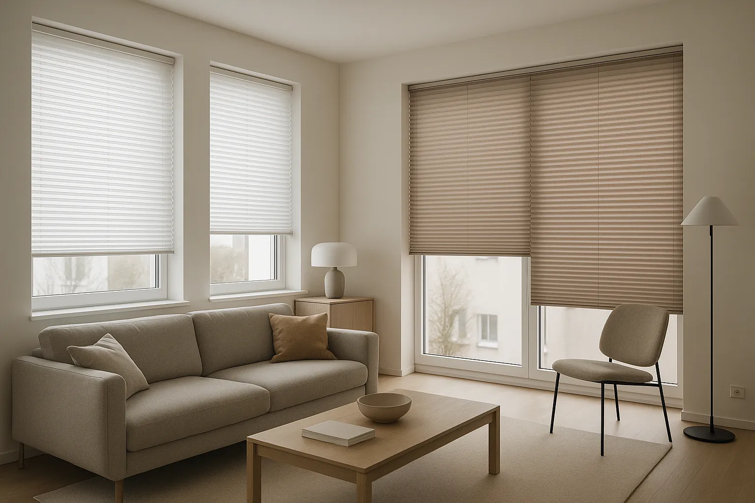 Plissee Sicht- und Lichtschutz für Privatsphäre und blendfreies Tageslicht im modernen Wohnraum Plissee Sicht- und Lichtschutz im modernen Wohnraum für Privatsphäre, Blendungsreduktion und flexible Tageslichtsteuerung mit ruhiger reduzierter Einrichtung