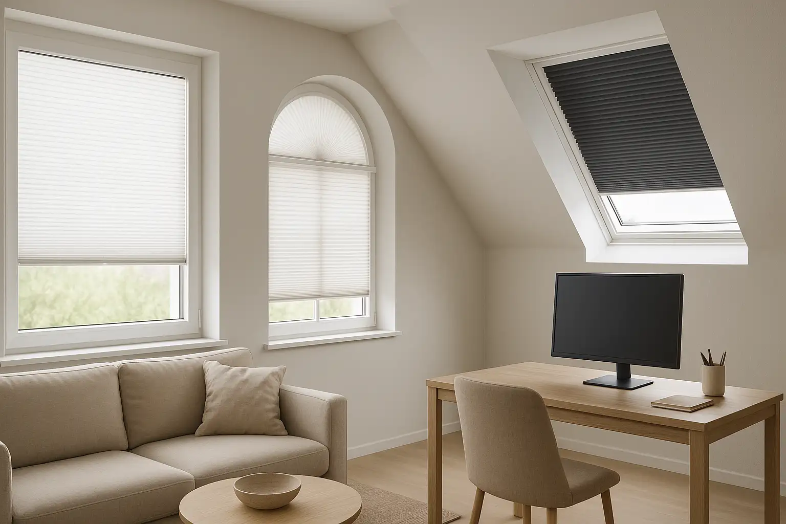 Plissees nach Maß: perfekte Passform für Sonderformen – Sichtschutz, Lichtsteuerung, Blendreduzierung und Energieeffizienz im Zuhause Plissees nach Maß für Fenster in Sonderformen – Rechteck-, Rundbogen- und Trapezfenster mit bündigem Sitz, präziser Sichtschutz, effiziente Lichtsteuerung, Blendreduzierung am Bildschirm und energieeffiziente Wabenstruktur im Wohn- und Arbeitsbereich