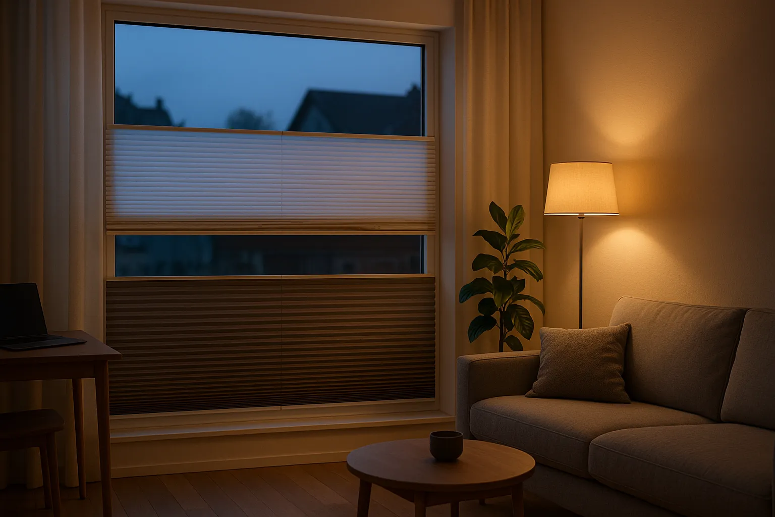 Sicht- und Lichtschutz mit Plissee – Privatsphäre wahren, Blendung reduzieren, Tageslicht steuern Sicht- und Lichtschutz im Eigenheim mit dualem Plissee, unten blickdichter Dimout-Blackout für Privatsphäre, oben halbtransparenter Stoff für Tageslicht und blendfreies Wohnen