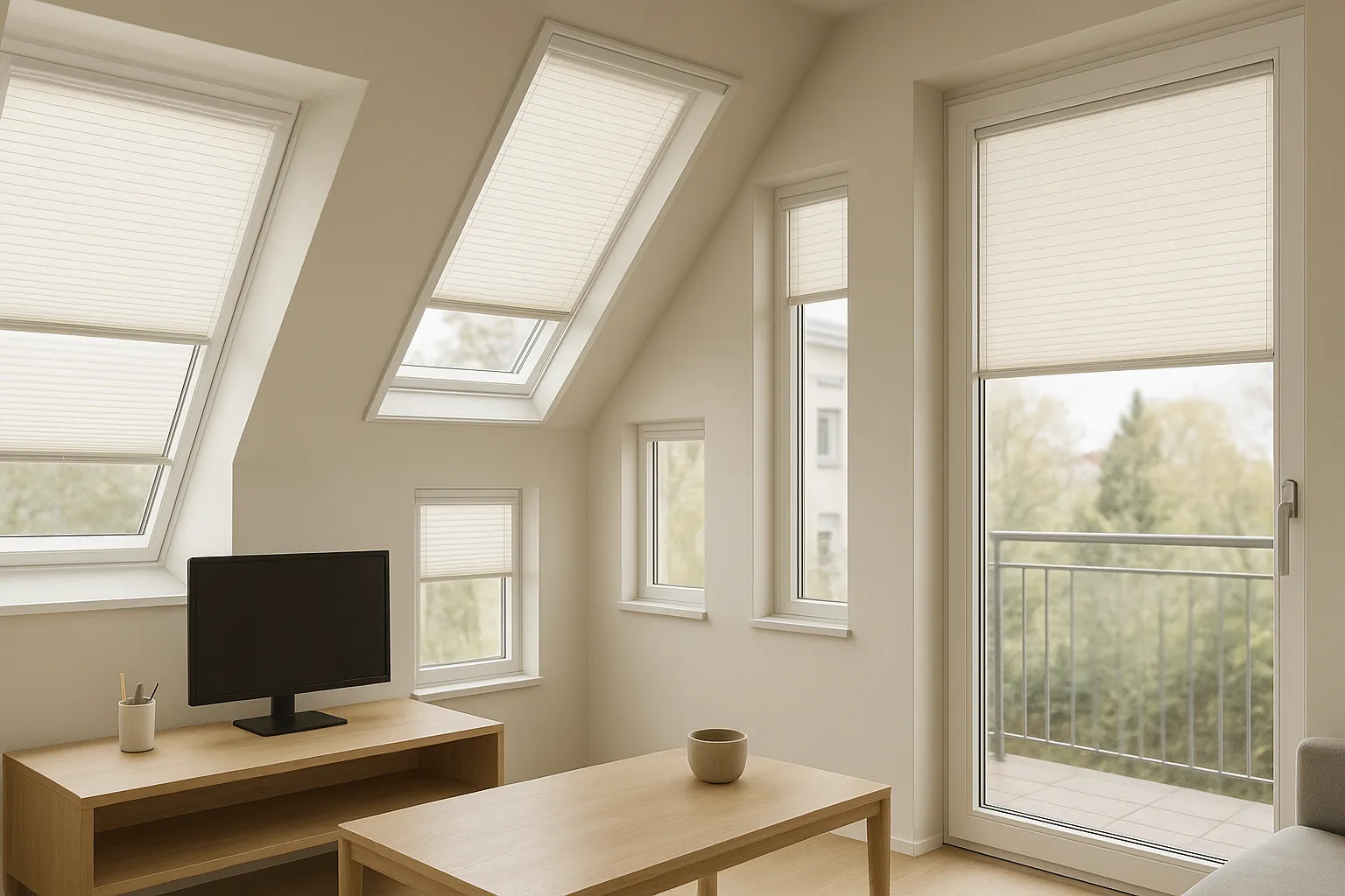 Sicht- und Lichtschutz mit Glasleistenmontage: Privatsphäre wahren, Blendung reduzieren und Tageslicht steuern Sicht- und Lichtschutz im Eigenheim mit integrierter Glasleistenmontage, straff geführte Plissees an Dachfenster und Balkontür, blendarmes Tageslicht und gewahrte Privatsphäre