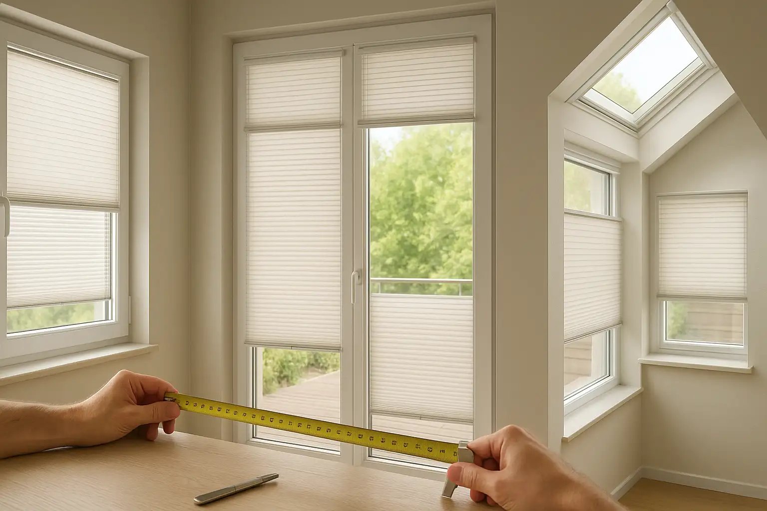 Sicht- und Lichtschutz im Eigenheim – Plissee richtig messen und planen für Fenster, Tür und Dachfenster Sichtschutz und Lichtschutz im Eigenheim, präzise Messung und Montage von Plissee-Anlagen an Kippfenster, Terrassentür mit geteilter Anlage und Dachflächenfenster mit Führungsschienen; Privatsphäre wahren, Blendung reduzieren, Tageslicht flexibel steuern, Breite Höhe Einbautiefe messen, Griffkollision vermeiden