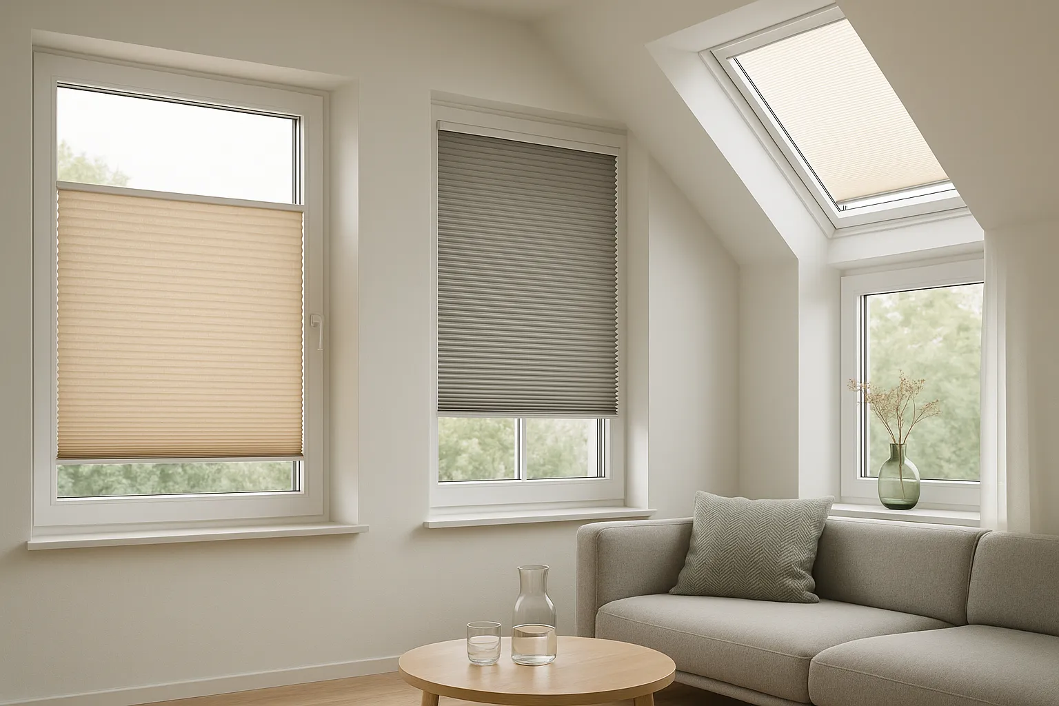 Wabenplissee und Einfachplissee mit Farbharmonie, Wärmeschutz und farblich integrierten Schienen im minimalistischen Interieur Minimalistisches Interieur mit Wabenplissee (Duette) und Einfachplissee, matte Raumseite, perlmuttbeschichtete Rückseite am Dachfenster zur Wärmereduktion, schmale farblich integrierte Schienen, Farbharmonie Sand Grau Salbei, ruhiges hochwertiges Design