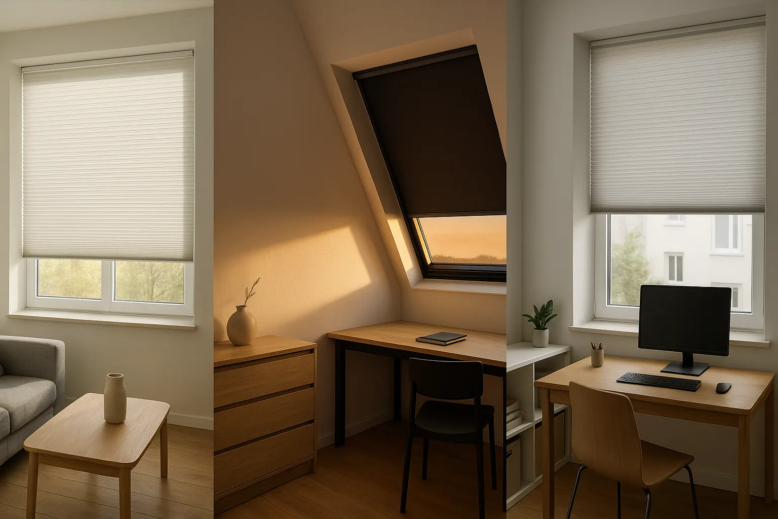 Hitzeschutz und Raumklima mit reflektierenden Wabenplissees in Wohnraum, Dachstudio und Homeoffice Reflektierende Wabenplissees für Hitzeschutz und angenehmes Raumklima in Wohnraum, Dachstudio und Homeoffice mit halbtransparenten und abdunkelnden Stoffen, seitlicher Führung ohne Randspalte und blendfreiem Arbeiten am Nordfenster