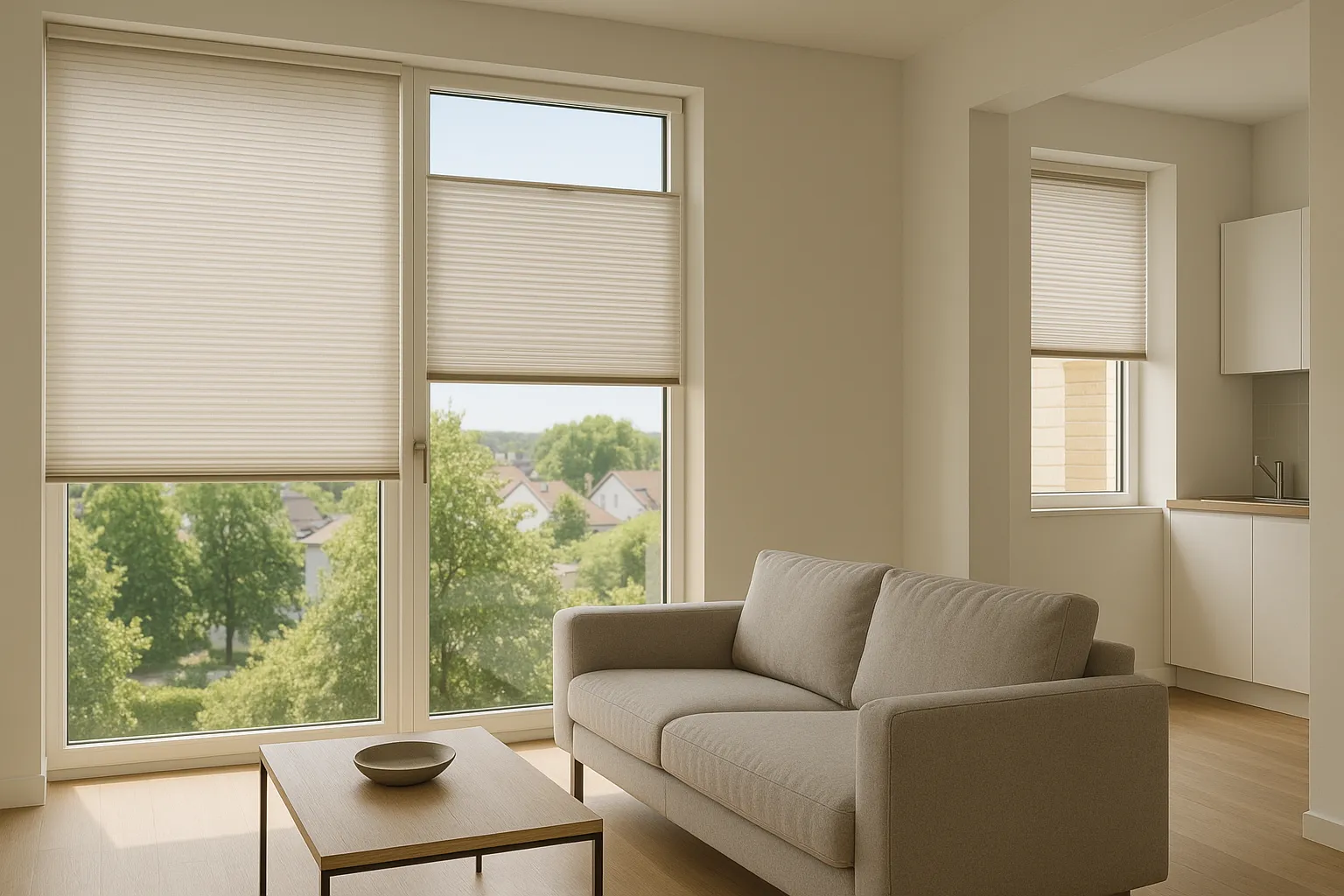 Wabenplissee Sichtschutz und Lichtschutz mit Wärmeschutz und flexibler Tageslichtsteuerung im Eigenheim Sicht- und Lichtschutz mit Wabenplissees im modernen Wohnzimmer, perlmutt- und metallisierte Rückseite für Wärmeschutz, Blendung reduzieren, Privatsphäre wahren, Tageslicht flexibel steuern, feine Profile, symmetrische Faltung, Küche mit feuchtraumgeeignetem Plissee, Flur mit schwer entflammbarer Ausführung