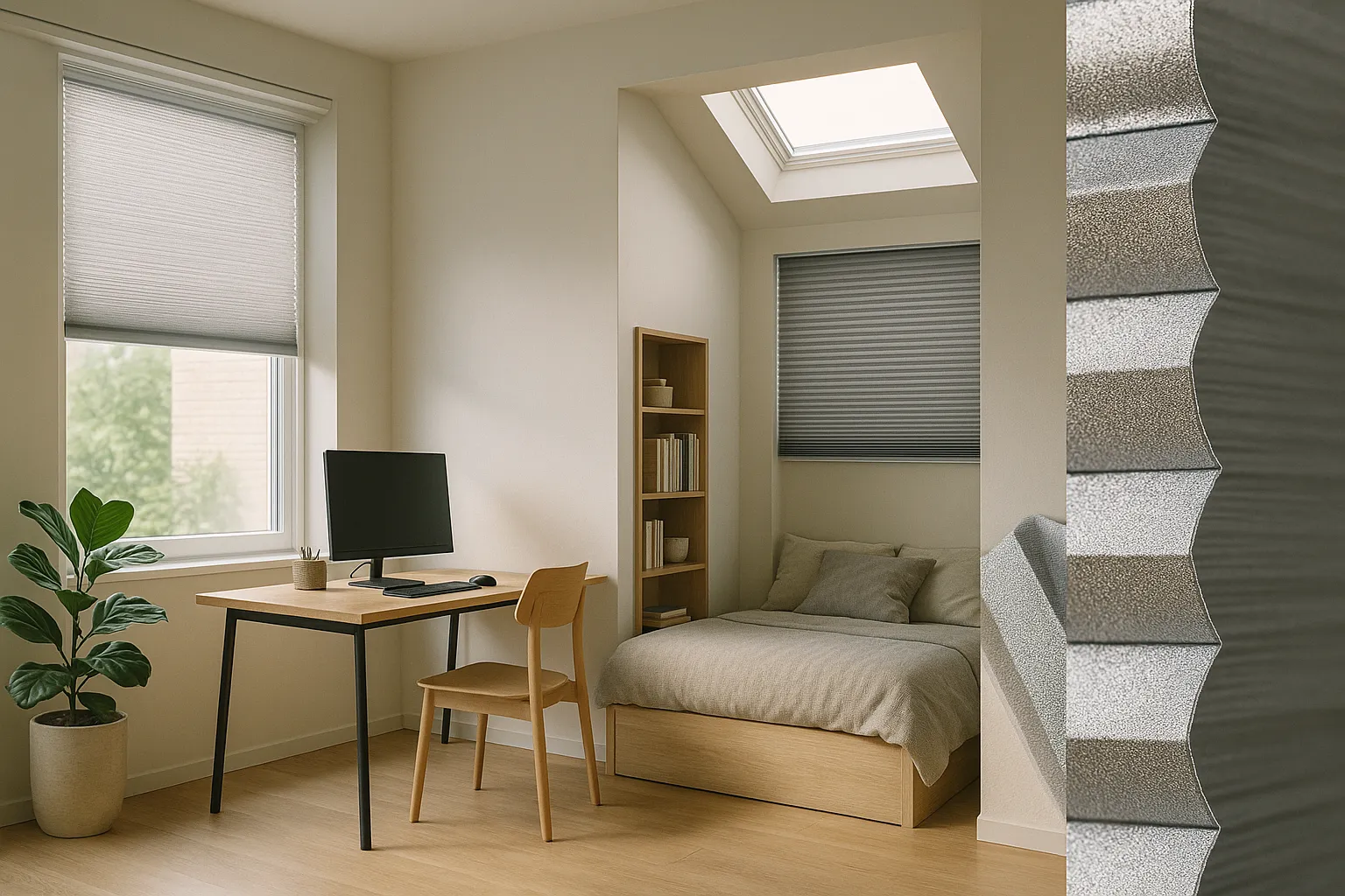 Wärmereduktion und Lichtmanagement durch reflektierende Plissees und Wabenplissees im Wohn- und Arbeitsbereich Hitzeschutz und Raumklima mit reflektierenden Plissees und Wabenplissees an Nord-, Ost- und Dachfenster; transparent, halbtransparent und abdunkelnd für Tageslichtsteuerung, Blendmanagement und Wärmereduktion im Homeoffice und Schlafbereich